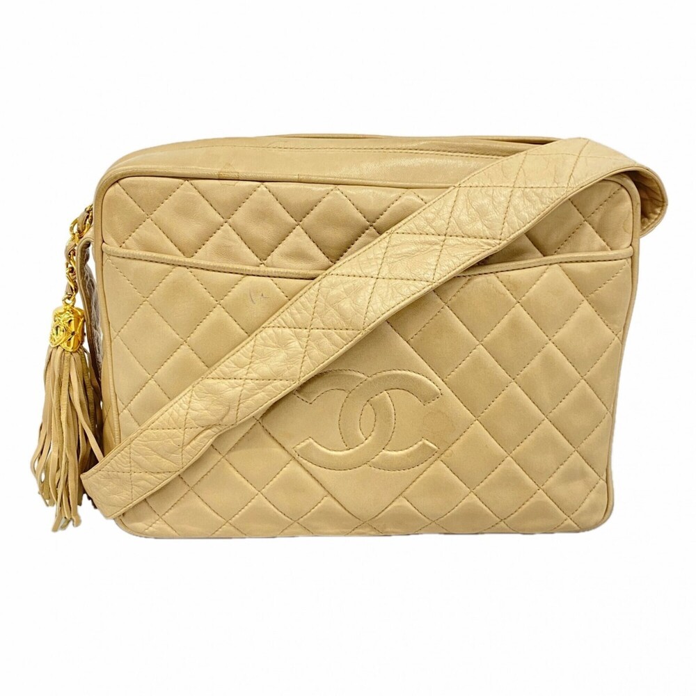CHANEL Cream Lambskin Leather Shoulder Bag